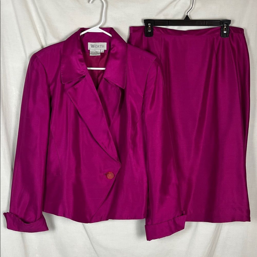 Vintage 1980s WORTH 100&% Silk Hot Pink 2 Piece Power Suit